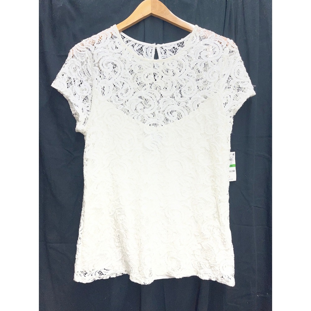 INC International Concepts Womens Lace Short Sleeve Top White Large 77653M899